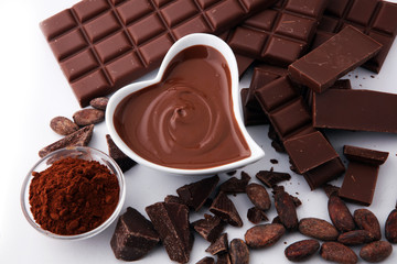 Melting chocolate or melted chocolate and chocolate swirl. stack and powder.