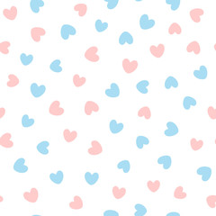 Cute seamless pattern with blue and pink hearts scattered on white background.