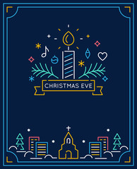 Candle and Ornaments, Winter Town and Church Outline. Christmas Eve Candlelight Service Invitation. Line Art Vector Design - 176398052