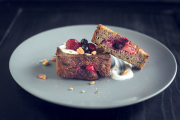Sweet toast sandwiches stuffed with berries,selective focus