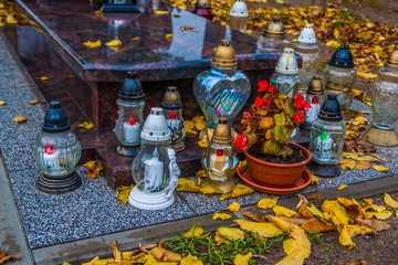 Graves on catholic cemetery. All Saints Day / All Hallows / 1st November.