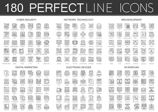 180 outline mini concept infographic symbol icons of cyber security, network technology, web development, digital marketing, electronic devices, 3d modeling.