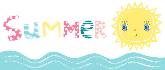 Fototapeta premium Cute vector background with the word summer, a cute sun and sea waves on white