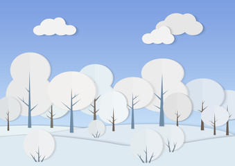 Vector illustration of cardboard paper forest with trees and bushes in snow. Winter low poly landscape.