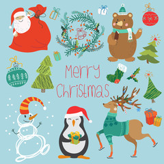 Vector illustration set of animals, Santa Claus, and different decorations for Christmas.