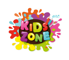 Kids zone colorful banner. Cartoon letters and paint splashes. Vector.