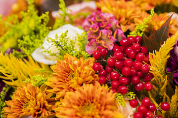 Bouquet from various colors with currant fruits.