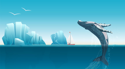 Card template with whale jumping under the blue ocean surface near icebergs. Winter arctic vector illustration. Iceland. © lembergvector