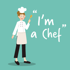 Chef character with spoon on green background