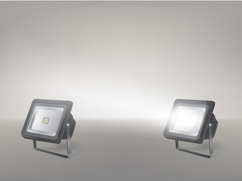 Theater, cinema, studio beaming spotlights on a stand realistic vector illustration. Turned on and off cine lighting units, lightning equipment for performance or premiere stage illumination