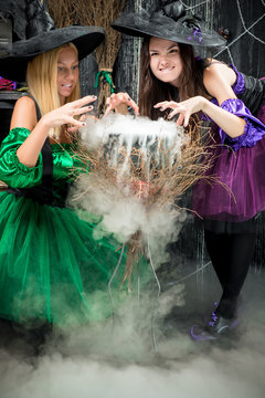 two evil witches brew a potion in the pot, to Halloween