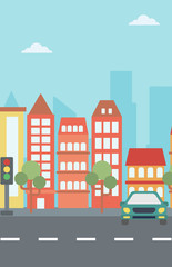 Background of modern city with a car on a road vector  vector flat design illustration. Vertical layout.