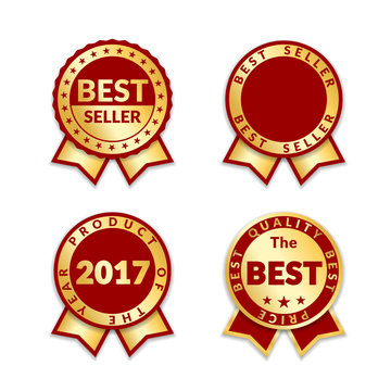 Red ribbon awards best seller of year 2017 set. Gold ribbon award icons isolated white background. Best product golden label for prize, badge, medal, guarantee quality product Vector illustration