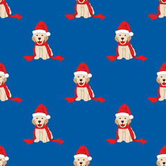 Labrador Retriever with Santa Hat Seamless on Blue Background