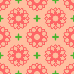 FLOWER AND FOUR LEAVES Pink flower with green four leaves, seamless pattern on light orange background. This pattern can be used for textile, carpet, wallpaper, curtain, banner and etc.