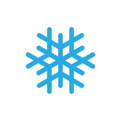 Snowflake icon. Blue silhouette snow flake sign, isolated on white background. Flat design. Symbol of winter, frozen, Christmas, New Year holiday. Graphic element decoration. Vector illustration