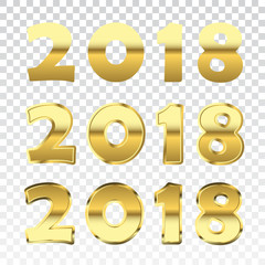 Happy New Year golden numbers. Gold numbers 2018 on white transparent background. Christmas and New Year design. Symbol of holiday, celebration. Luxury golden texture. Vector illustration