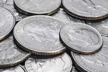 Heap of US coins closeup