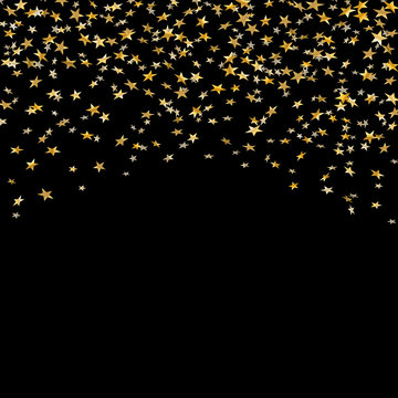 Gold stars falling confetti isolated on black background. Golden explosion confetti. Abstract decoration. Holiday stars for Christmas festive party. Shiny paper glitter Vector illustration