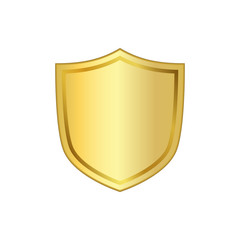 Gold shield shape icon. 3D golden emblem sign isolated on white background. Symbol of security, power, protection. Badge shape shield graphic design Vector illustration