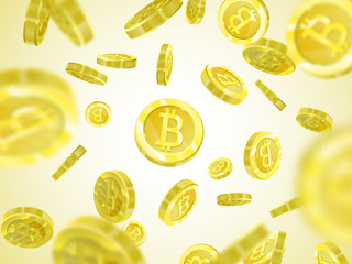 Bitcoin Vector illustration of a realistic pattern background 3d golden coins isolated with bitcoin sign. Crypt currency of the future, mining, electronic payments. Blockchain