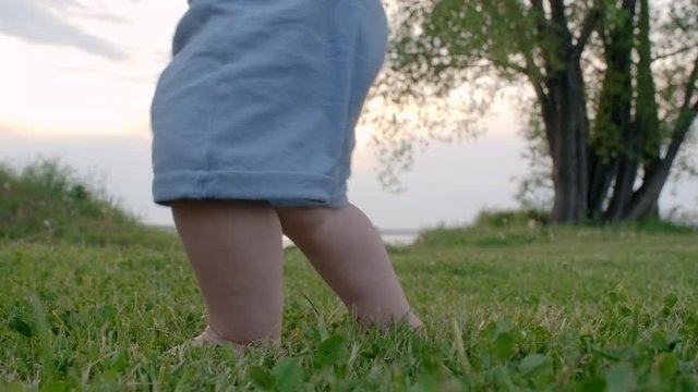 Low-section of legs of toddler and woman walking barefoot on green grass outdoors