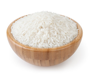White long-grain jasmine rice in wooden bowl isolated on white background with clipping path