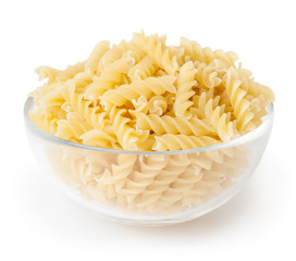 Fusilli pasta in bowl isolated on white background with clipping path