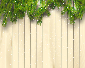Christmas tree branches on light wooden background, vector illustration. Top view. Realistic fir-tree border, frame. Great for christmas cards, banners, flyers, party posters.