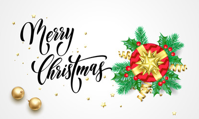 Fototapeta na wymiar Merry Christmas greeting card of holy and fir tree wreath and gift in golden ribbon bow on snow white background. Vector calligraphy wish lettering and New Year decoration for Christmas season