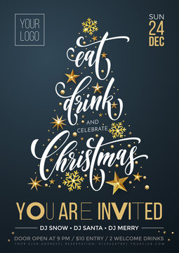Merry Christmas party poster banner vector golden decoration snowflake New Year background