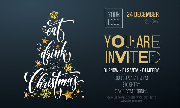 Christmas party invitation poster template of golden Christmas tree star and snowflake decoration on premium black background. Vector gold glitter design template for New Year winter holiday party