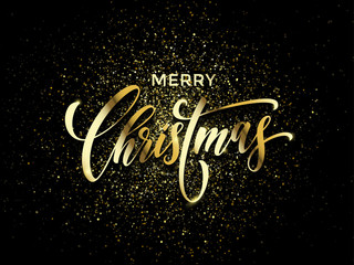 Merry Christmas wish greeting card of gold glitter confetti or sparkling fireworks on premium luxury black background. Vector golden calligraphy lettering design for New Year or Christmas holiday