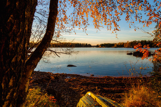 Autumn in Finland, lake and forest, sunset, nature photography. Travel.