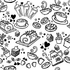 various coffee,cake,cupcake,Sandwich,cookie , appetizer and beverage seamless pattern sketch drawing line by black pen vector with white background