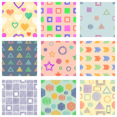 Set of seamless vector geometrical patterns with different geometric figures, forms. pastel endless background with hand drawn textured geometric figures. Graphic vector illustration