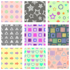 Fototapeta na wymiar Set of seamless vector geometrical patterns with different geometric figures, forms. pastel endless background with hand drawn textured geometric figures. Graphic vector illustration