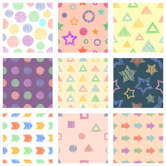 Set of seamless vector geometrical patterns with different geometric figures, forms. pastel endless background with hand drawn textured geometric figures. Graphic vector illustration - 176409867