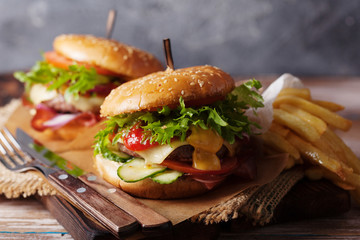 Fresh grilled beef burger and french fries
