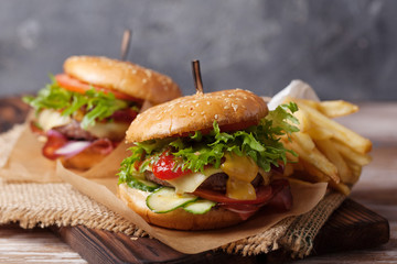 Fresh grilled beef burger and french fries