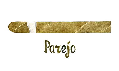 Parejo cigar shape, isolated hand painted watercolor illustration with handwritten inscription