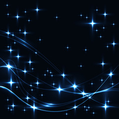 Fototapeta na wymiar Dark background with blue stars and waves.