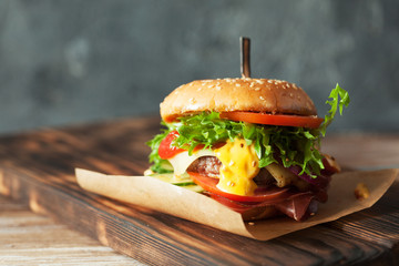 Fresh grilled beef burger and french fries
