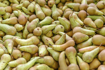 Abundant harvest of yellow-green pears on the agricultural market, background