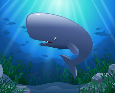 Cartoon sperm whale swimming in the sea. Vector illustration