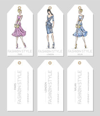 Set of fashion labels with beatiful women in sketch style, Paris, London, Milan business card, beauty girls hand drawn vector illustration
