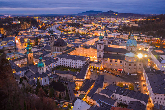 Panoramic view from Salzburg Fortress at sunset, Austria