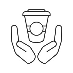 Open palms with paper cup linear icon
