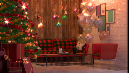 christmas room decoration 3D rendering  and christmas tree decoration background