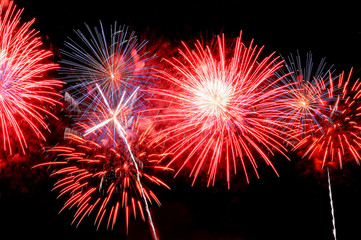 Red, white and blue fireworks display on dark sky background